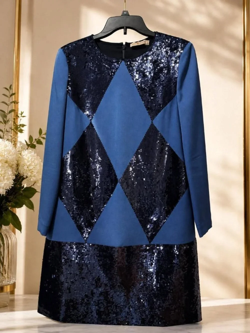 Tory Burch Blue Sequin Diamond Shift Dress Size 6 Long Sleeve Cocktail Party
